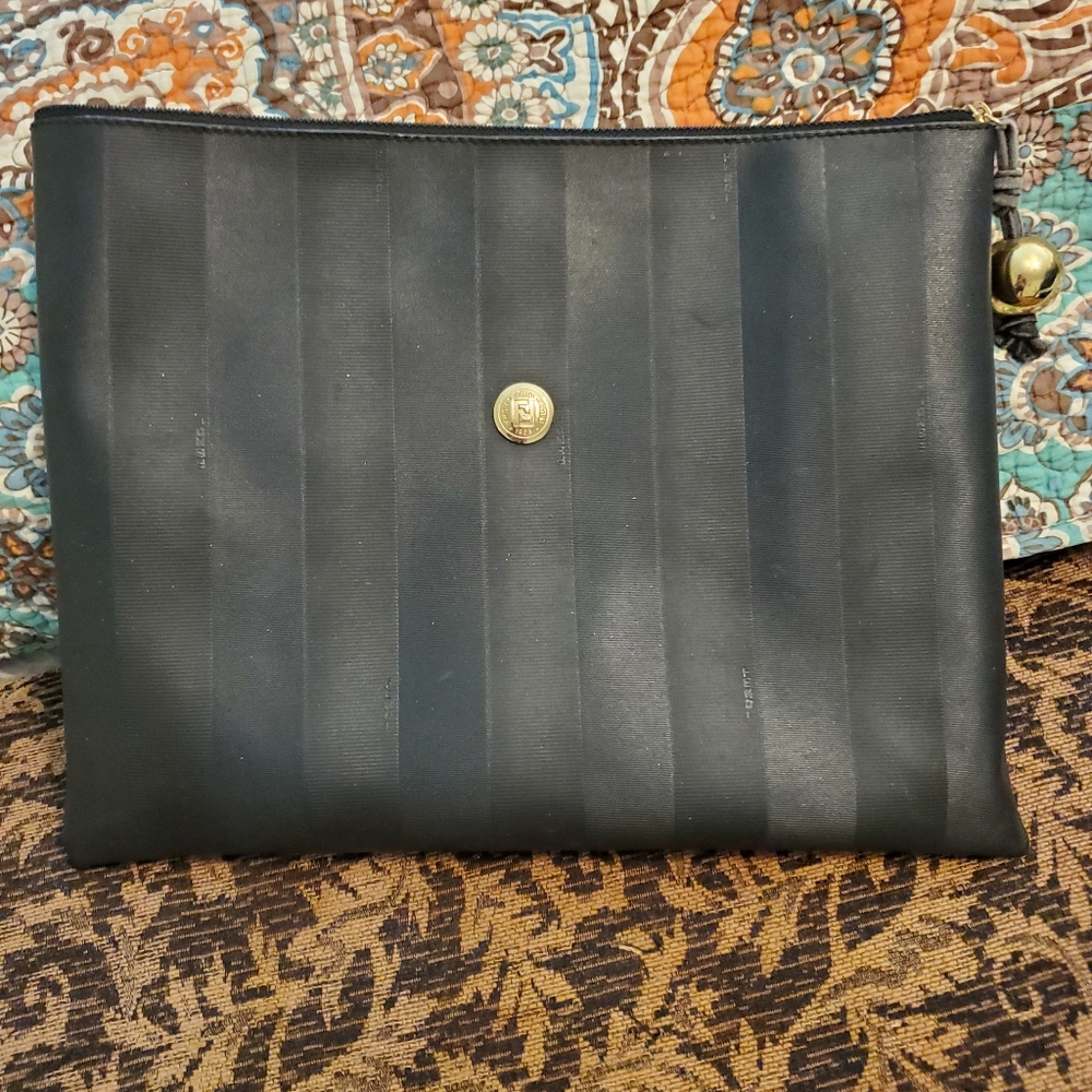 Fendi 1990's Black Pequin Clutch with Gold Accent.
